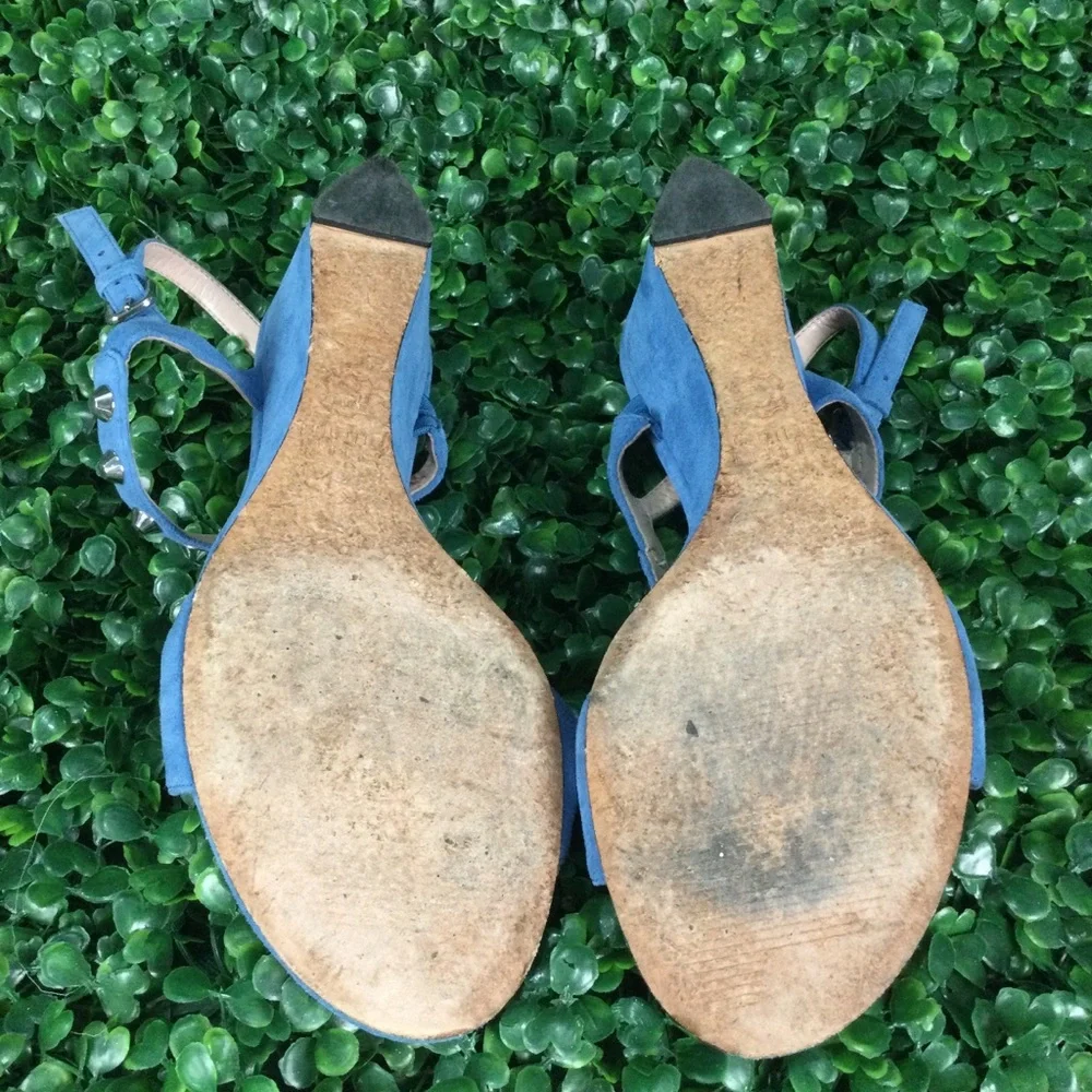 Stuart‎ Weitzman Blue Suede Studded Wedge Sandals womens 8.5